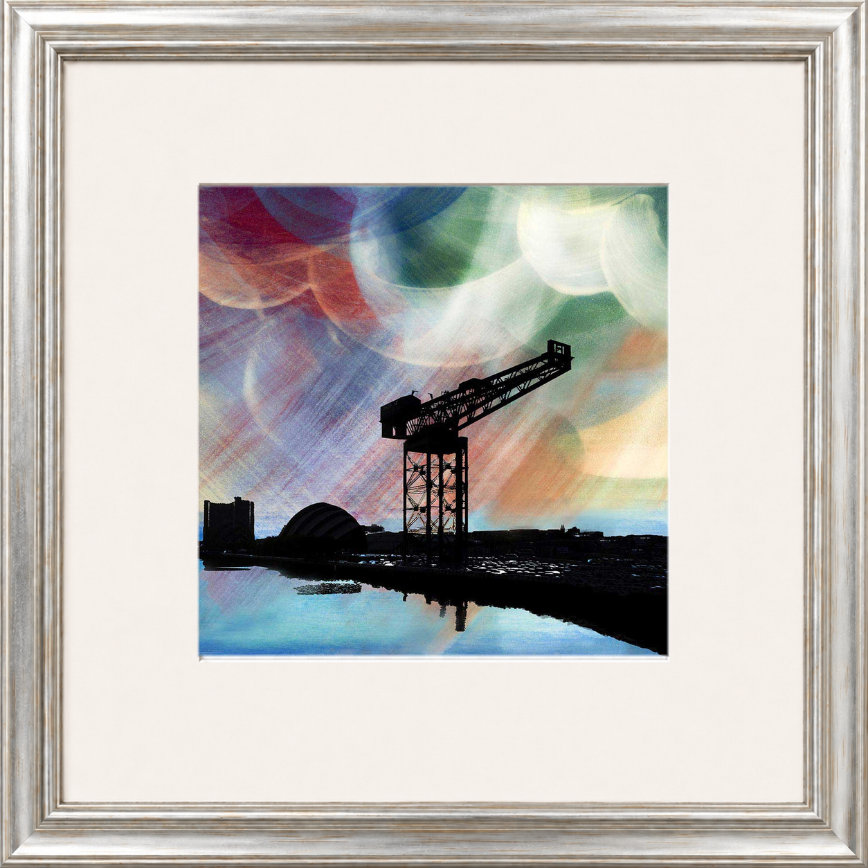 Finnieston Crane by Esther Cohen framed wall art print showing Glasgow's iconic crane beside the Clyde in cool blue tones