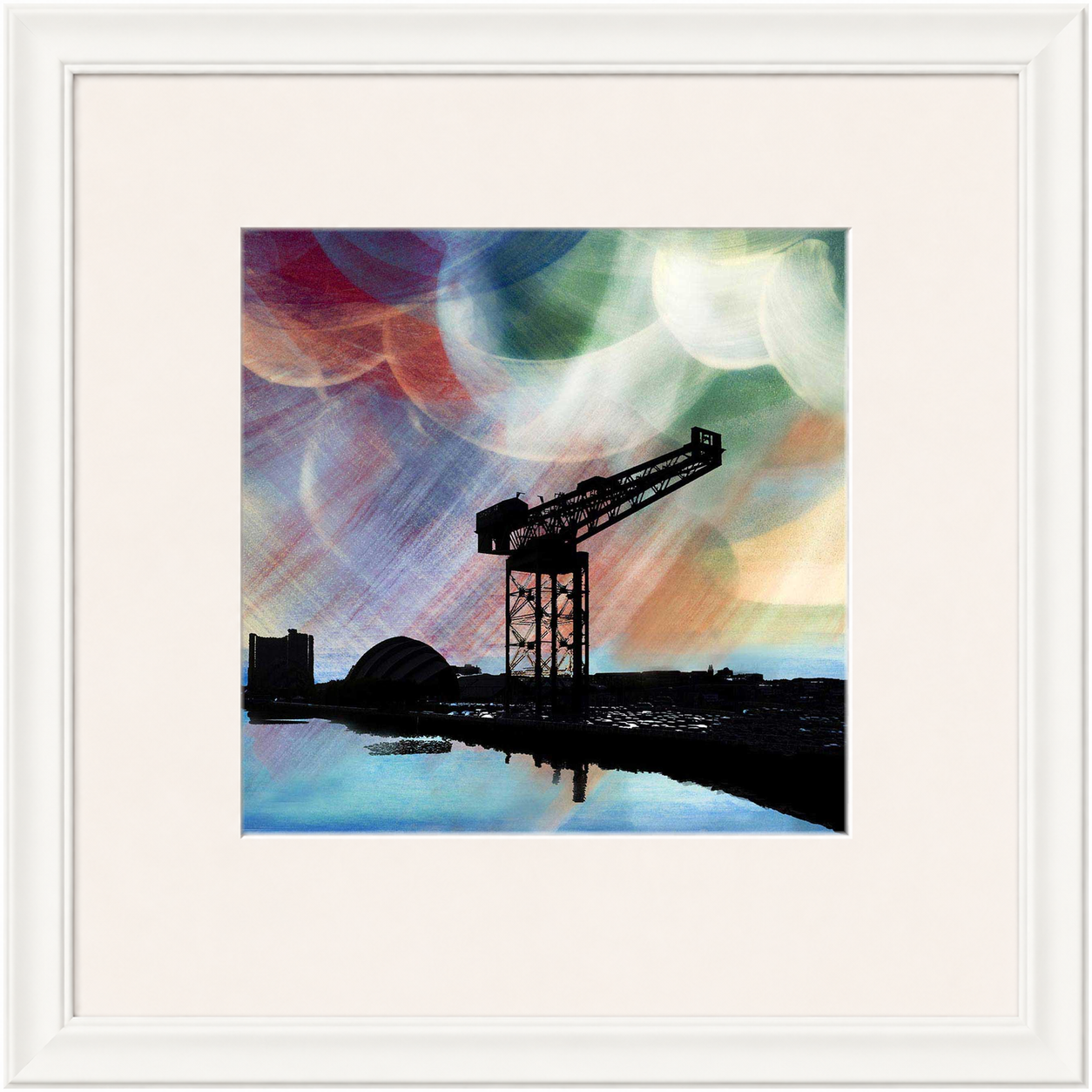 Finnieston Crane by Esther Cohen framed wall art print showing Glasgow's iconic crane beside the Clyde in cool blue tones