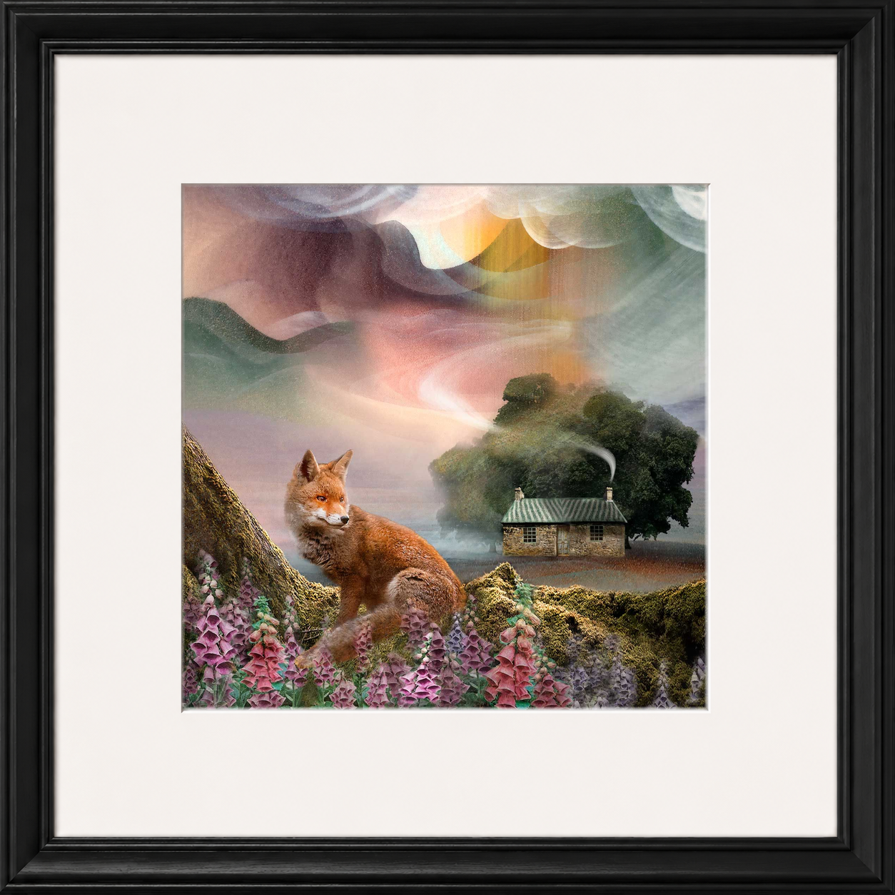 Foxy Bothy by Esther Cohen framed wall art print showing a fox beside a Scottish bothy