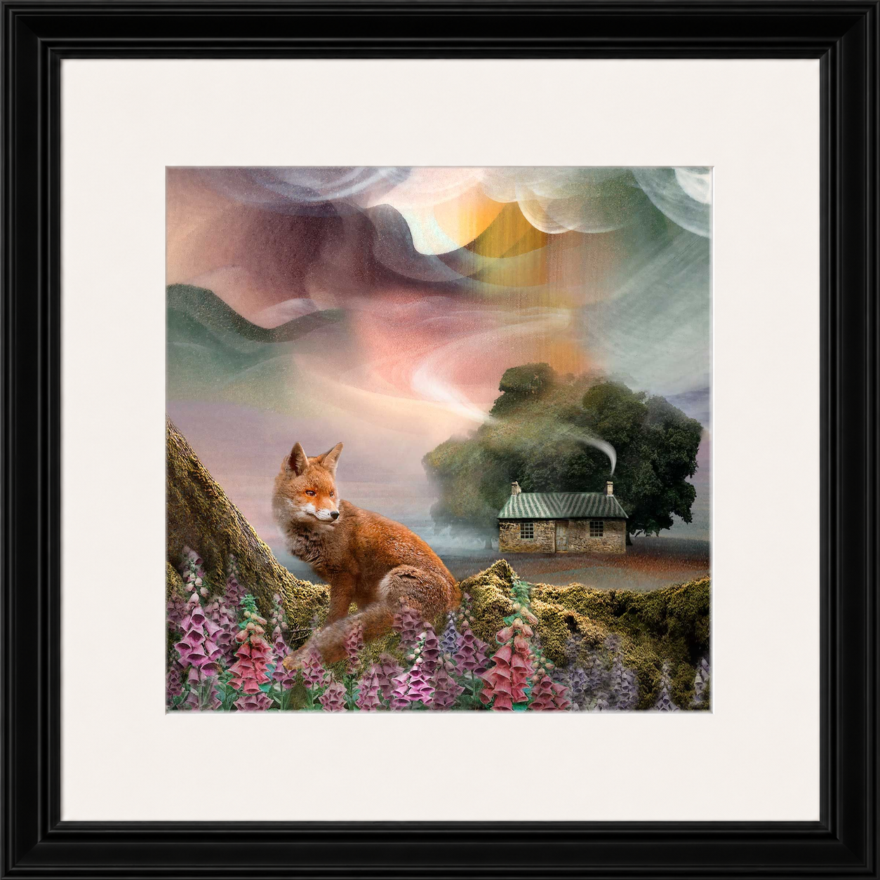 Foxy Bothy by Esther Cohen framed wall art print showing a fox beside a Scottish bothy