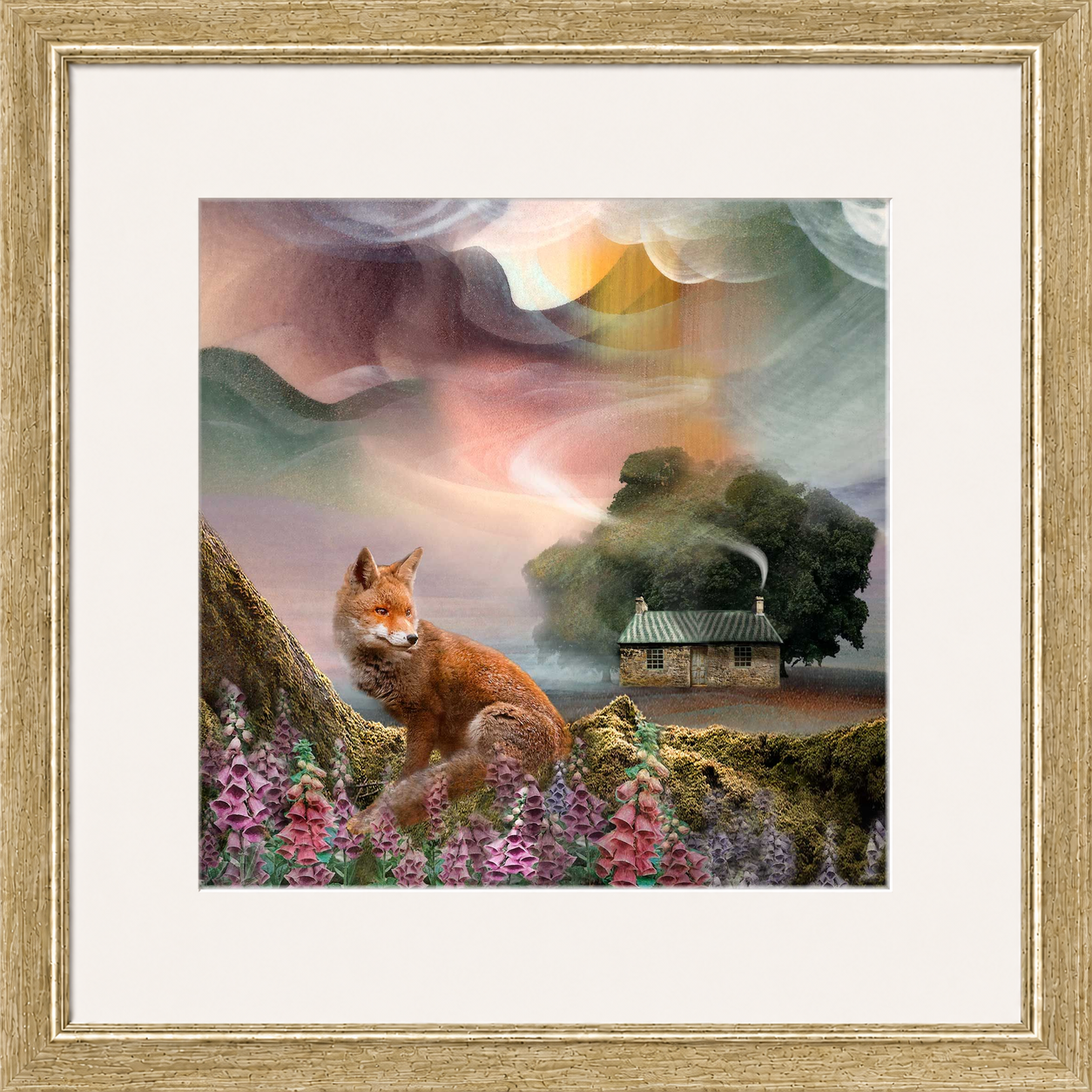 Foxy Bothy by Esther Cohen framed wall art print showing a fox beside a Scottish bothy