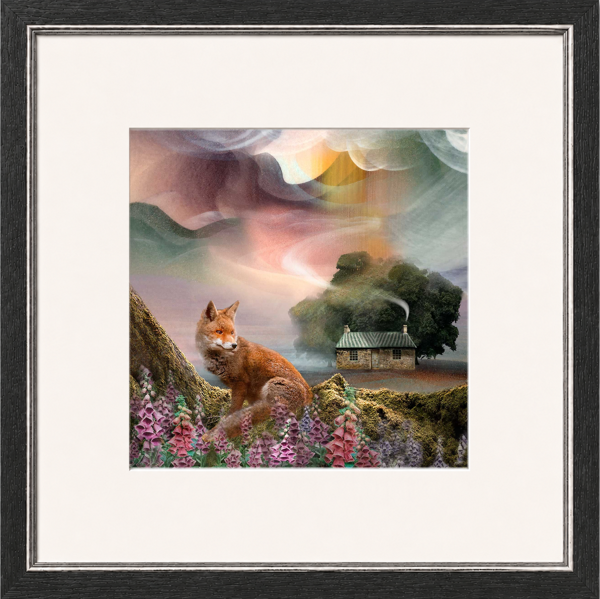 Foxy Bothy by Esther Cohen framed wall art print showing a fox beside a Scottish bothy