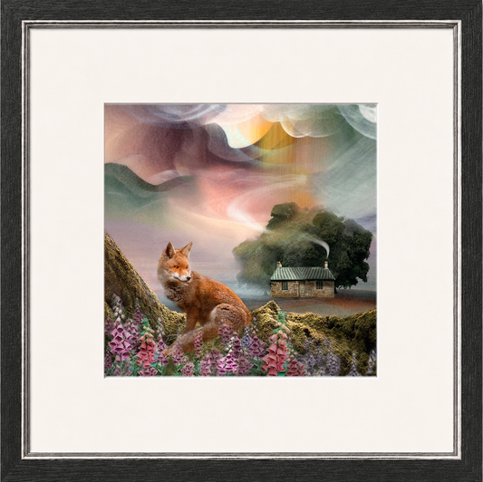 Foxy Bothy by Esther Cohen Framed Wall Art - Framed Medium Overall Size 47cm x 47cm - Grey with Silver trim