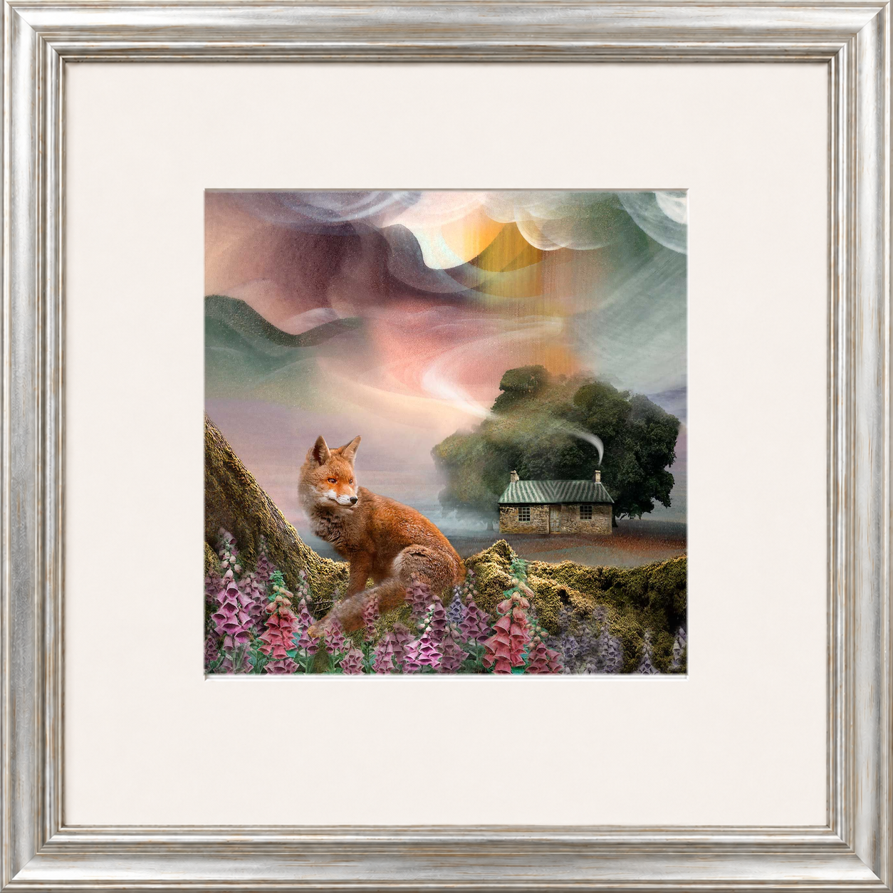 Foxy Bothy by Esther Cohen framed wall art print showing a fox beside a Scottish bothy