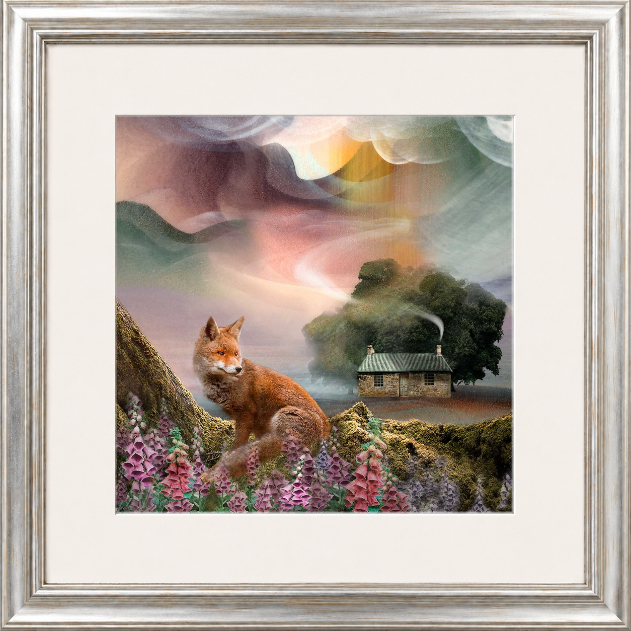 Foxy Bothy by Esther Cohen framed wall art print showing a fox beside a Scottish bothy