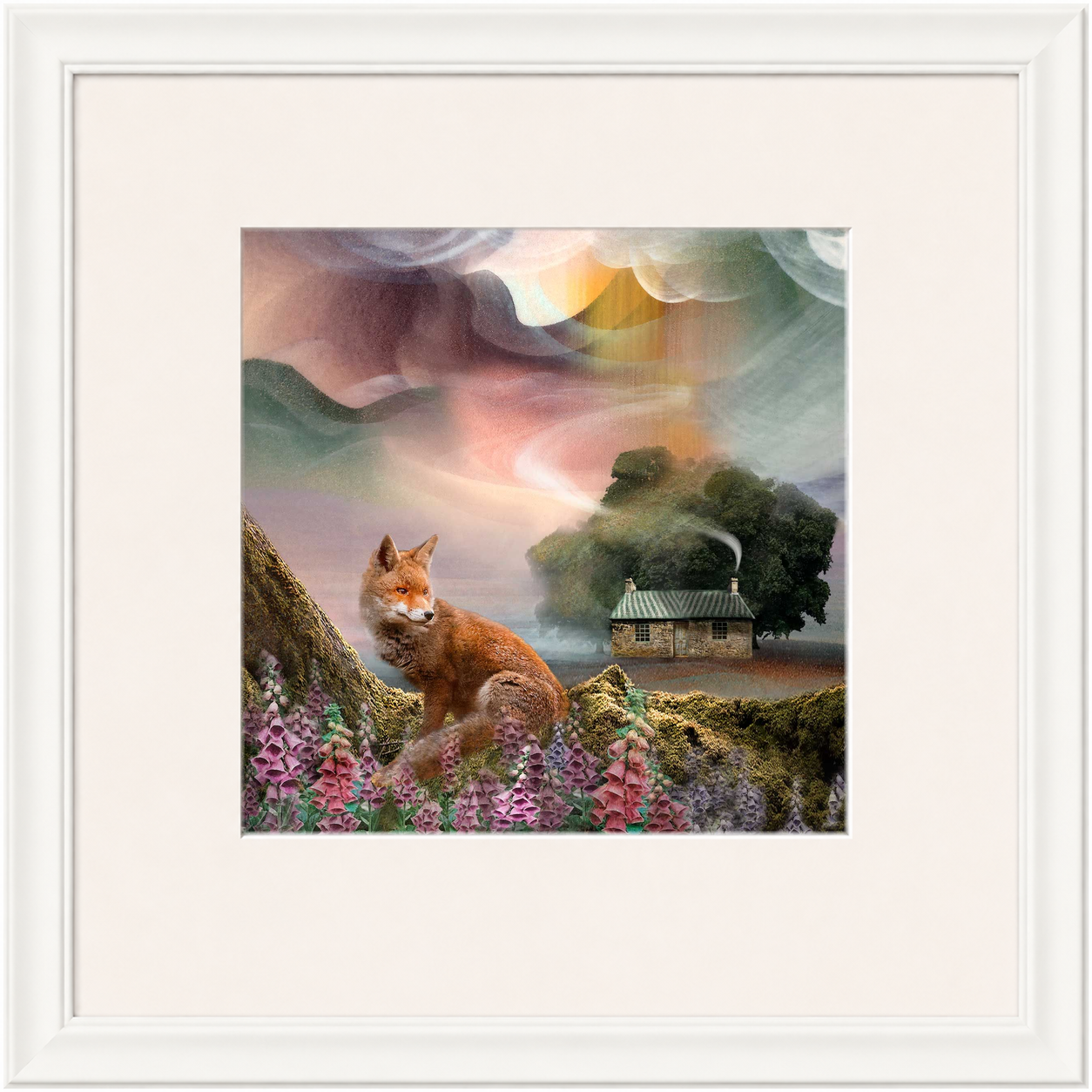 Foxy Bothy by Esther Cohen framed wall art print showing a fox beside a Scottish bothy