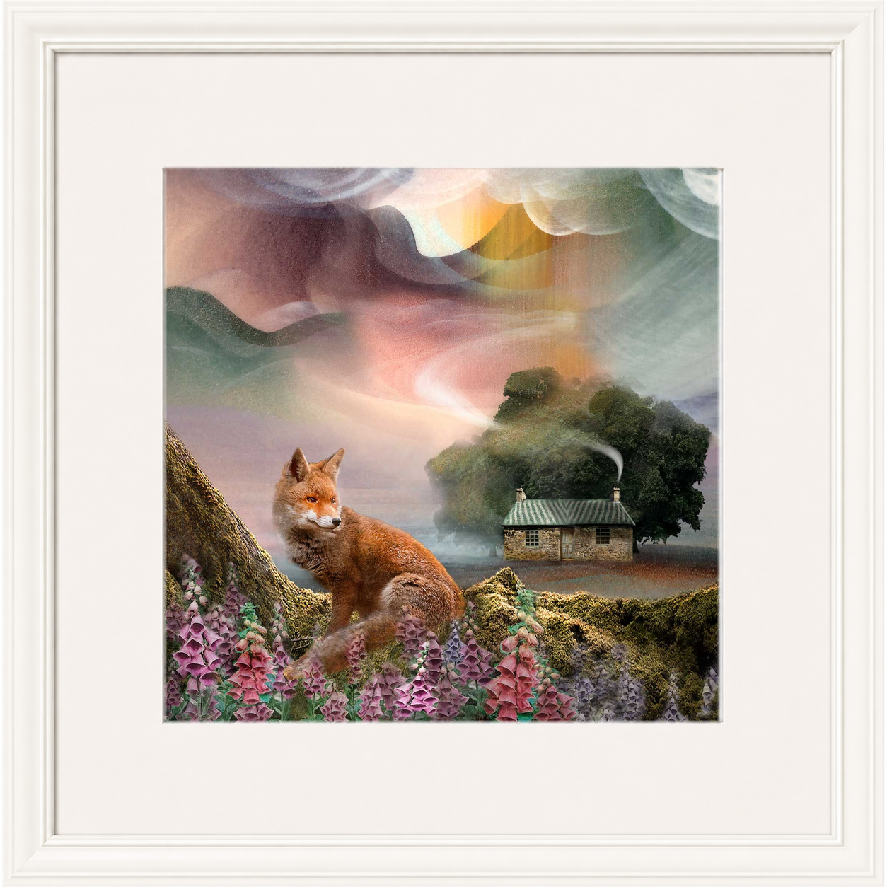 Foxy Bothy by Esther Cohen framed wall art print showing a fox beside a Scottish bothy