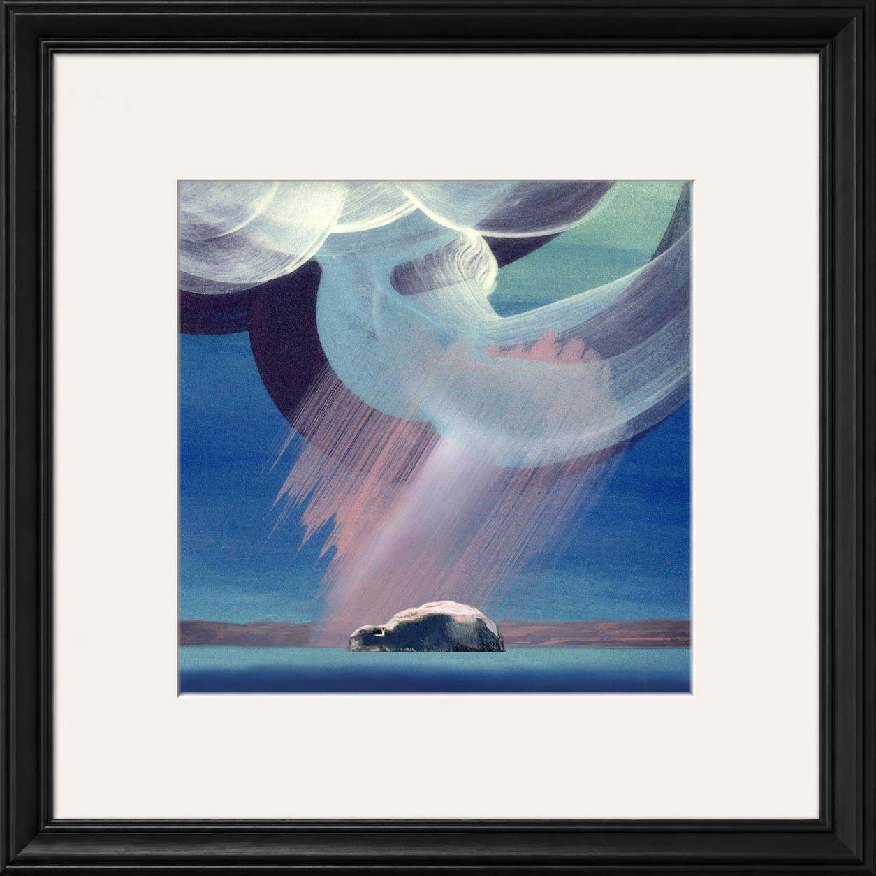 Pink Bass Rock by Esther Cohen framed wall art print showing Bass Rock in a soft pink and blue coastal scene