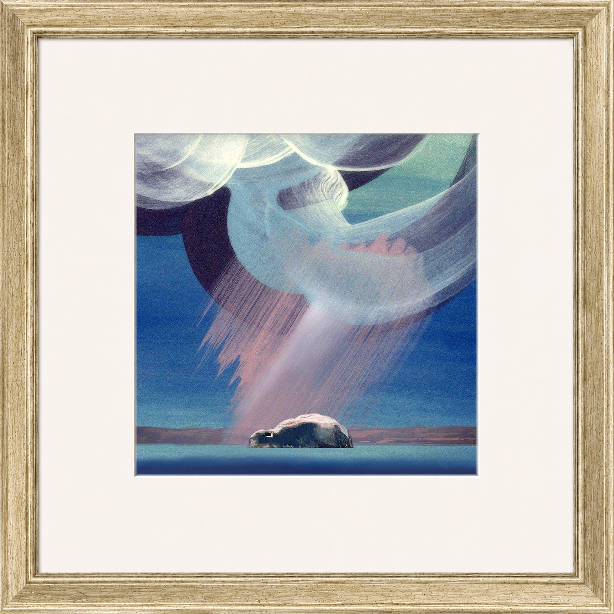Pink Bass Rock by Esther Cohen framed wall art print showing Bass Rock in a soft pink and blue coastal scene
