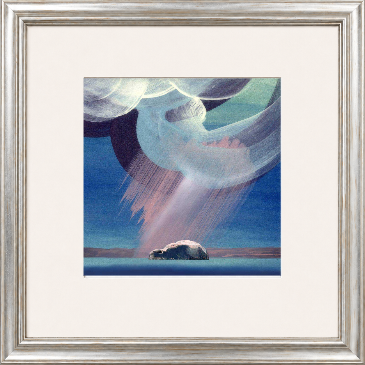 Pink Bass Rock by Esther Cohen framed wall art print showing Bass Rock in a soft pink and blue coastal scene