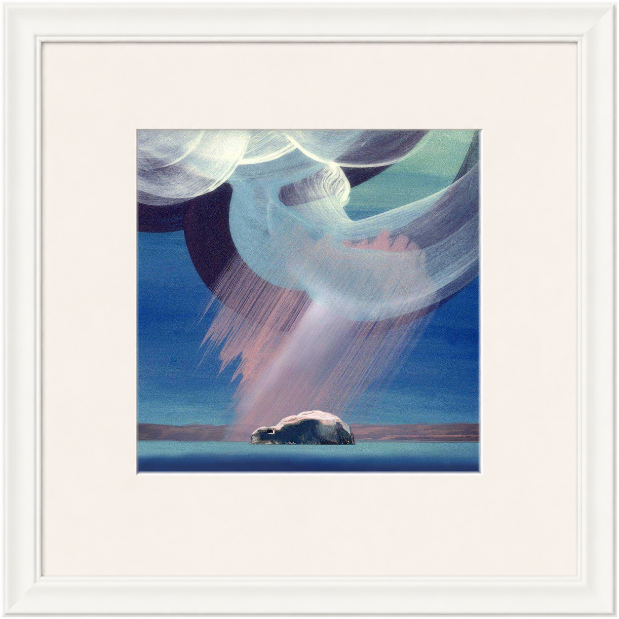 Pink Bass Rock by Esther Cohen framed wall art print showing Bass Rock in a soft pink and blue coastal scene