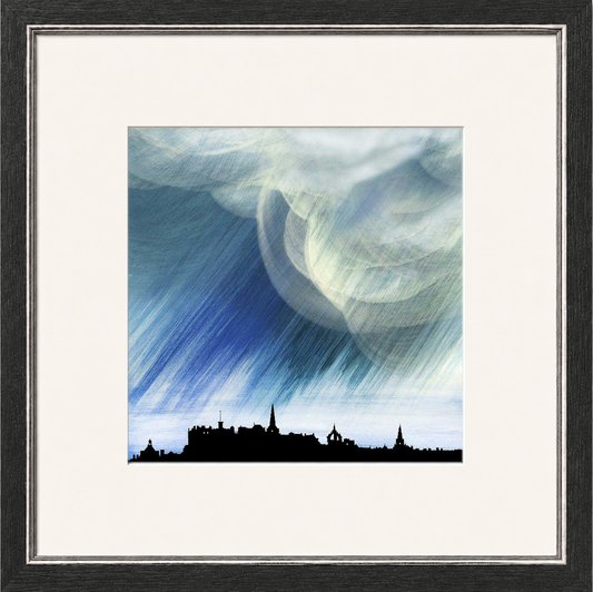 Rain Storm over Edinburgh by Esther Cohen Framed Wall Art - Framed Medium Overall Size 47cm x 47cm - Grey with Silver trim
