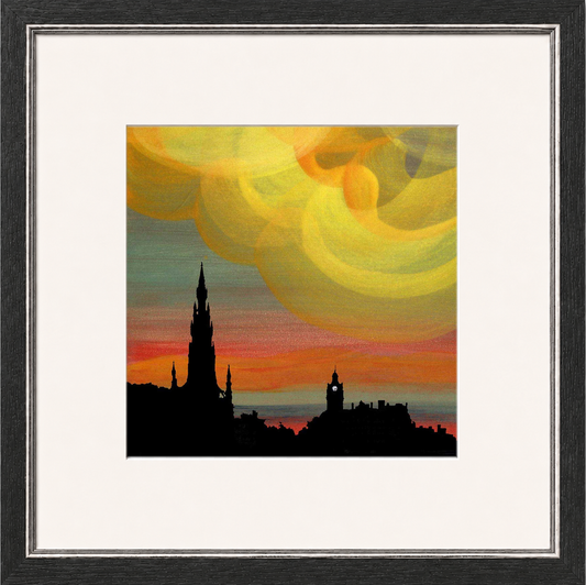 Scott Monument Sunset Edinburgh by Esther Cohen Framed Wall Art - Framed Medium Overall Size 47cm x 47cm - Grey with Silver trim