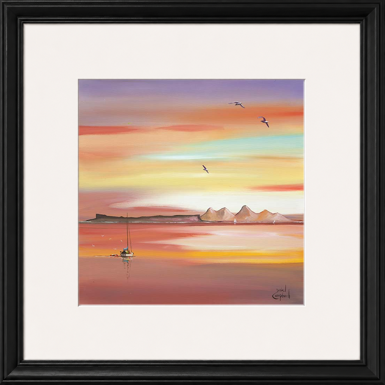 Evening Glow Arisaig by Daniel Campbell framed wall art print showing an Arisaig coastal scene glowing beneath an atmospheric evening sky