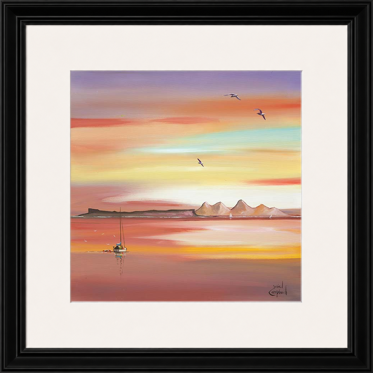 Evening Glow Arisaig by Daniel Campbell framed wall art print showing an Arisaig coastal scene glowing beneath an atmospheric evening sky