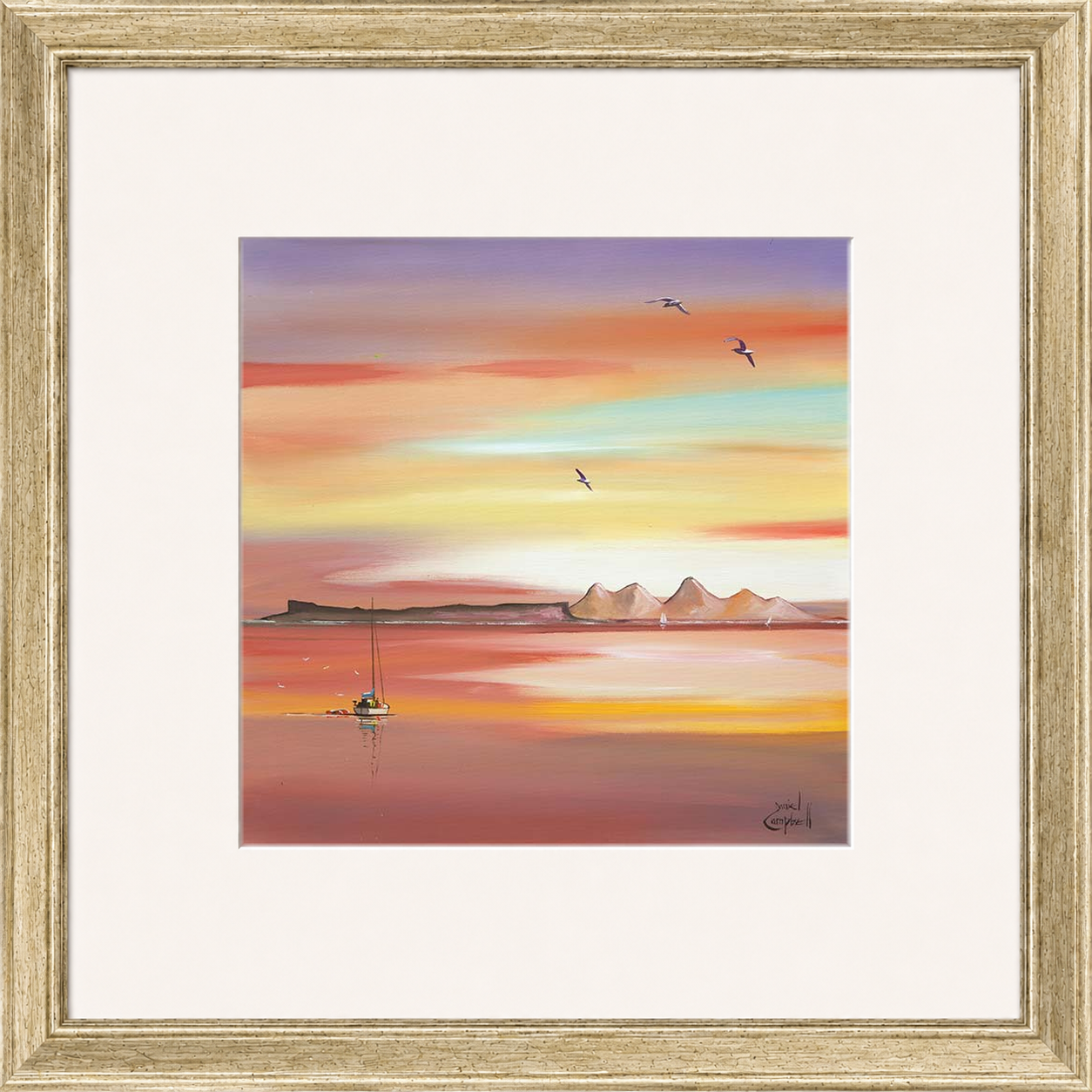 Evening Glow Arisaig by Daniel Campbell framed wall art print showing an Arisaig coastal scene glowing beneath an atmospheric evening sky