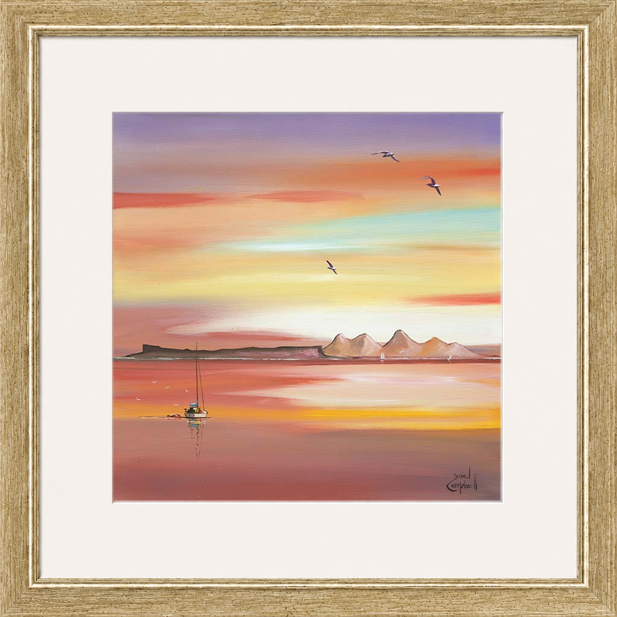 Evening Glow Arisaig by Daniel Campbell framed wall art print showing an Arisaig coastal scene glowing beneath an atmospheric evening sky