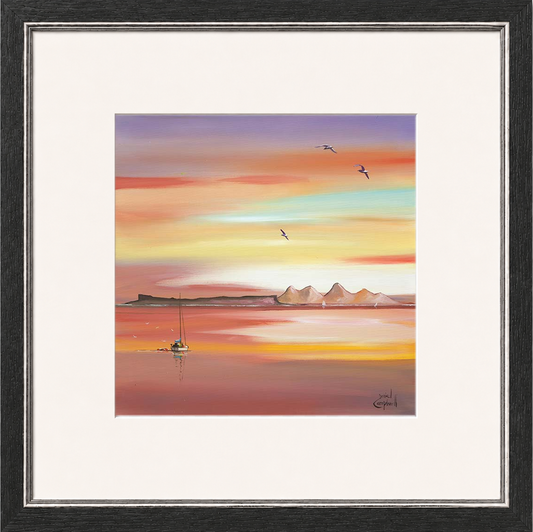 Evening Glow Arisaig by Daniel Campbell framed wall art print showing an Arisaig coastal scene glowing beneath an atmospheric evening sky