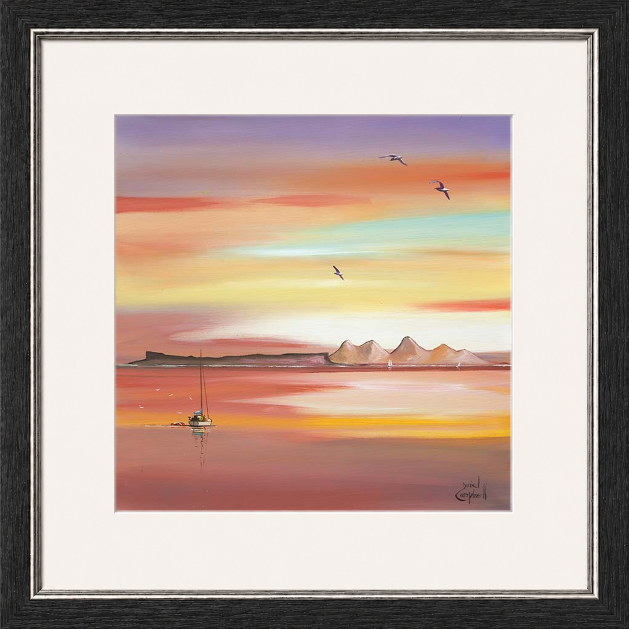 Evening Glow Arisaig by Daniel Campbell framed wall art print showing an Arisaig coastal scene glowing beneath an atmospheric evening sky