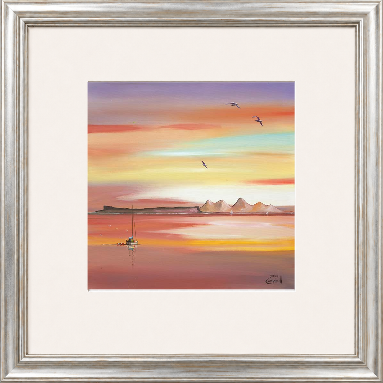 Evening Glow Arisaig by Daniel Campbell framed wall art print showing an Arisaig coastal scene glowing beneath an atmospheric evening sky