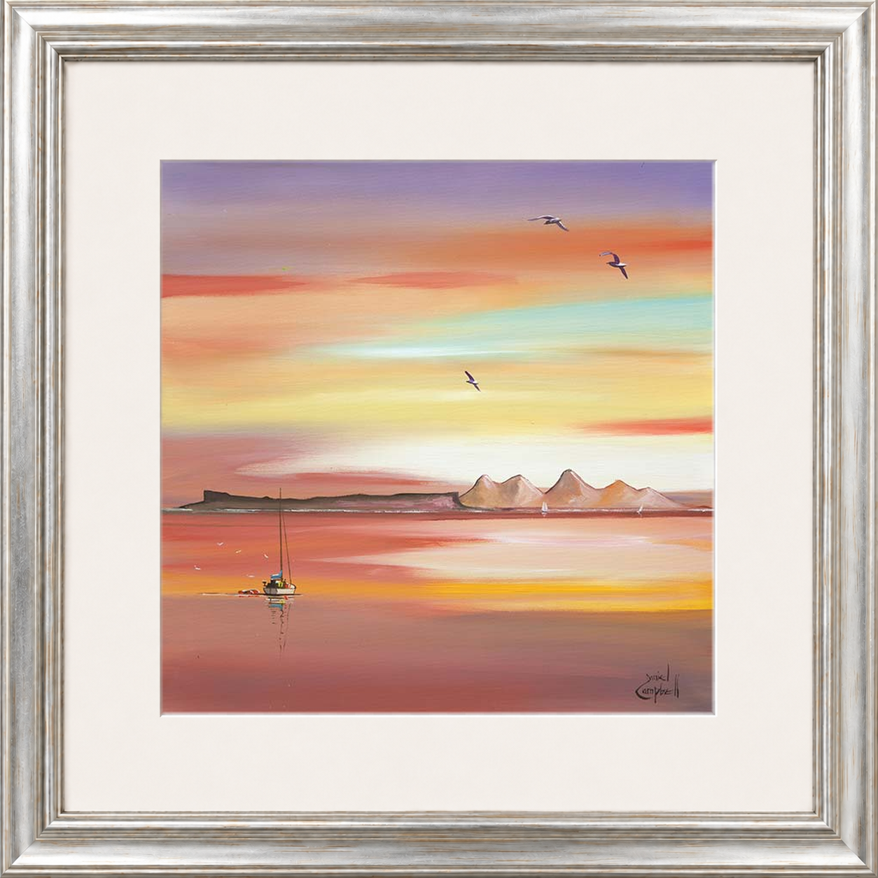 Evening Glow Arisaig by Daniel Campbell framed wall art print showing an Arisaig coastal scene glowing beneath an atmospheric evening sky