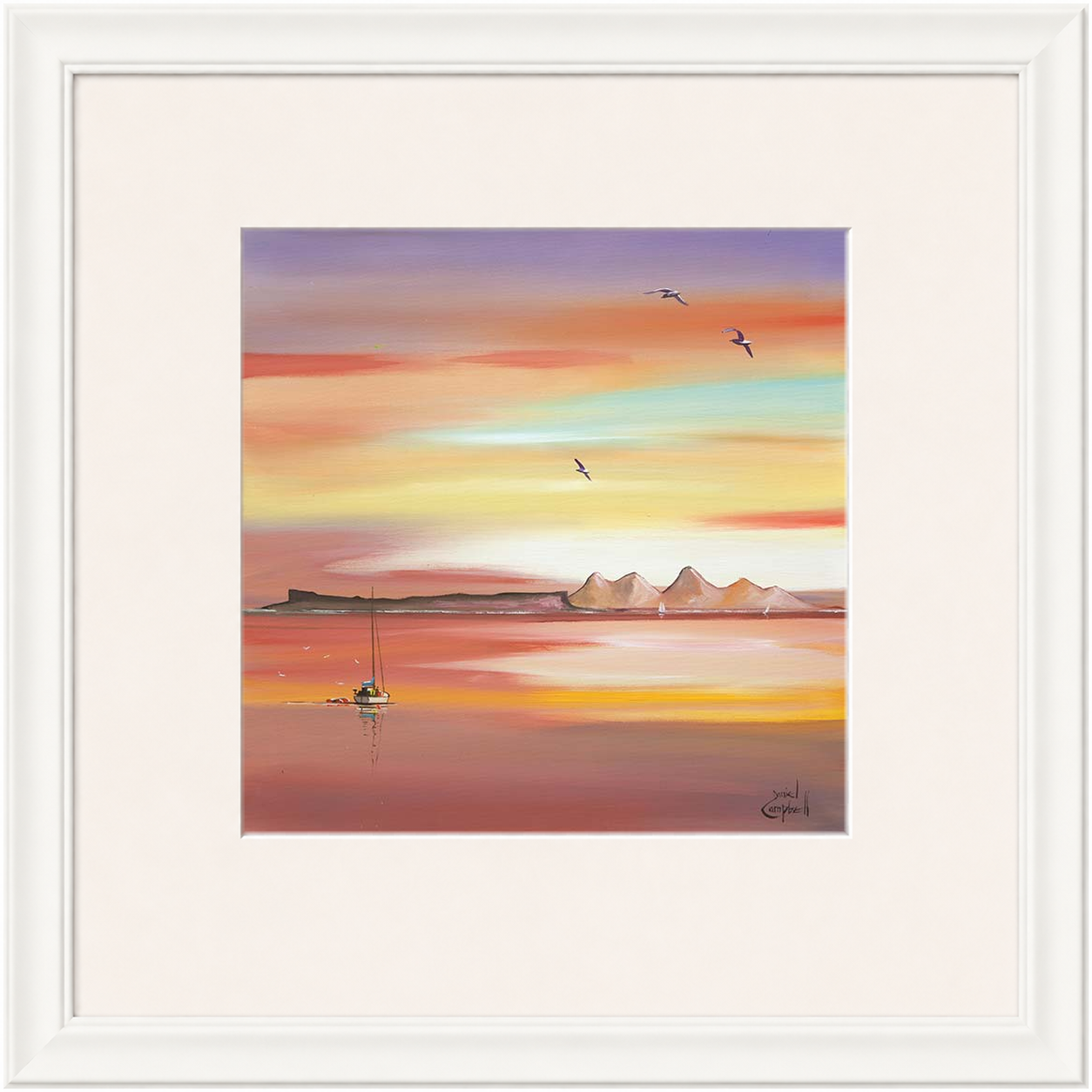 Evening Glow Arisaig by Daniel Campbell framed wall art print showing an Arisaig coastal scene glowing beneath an atmospheric evening sky