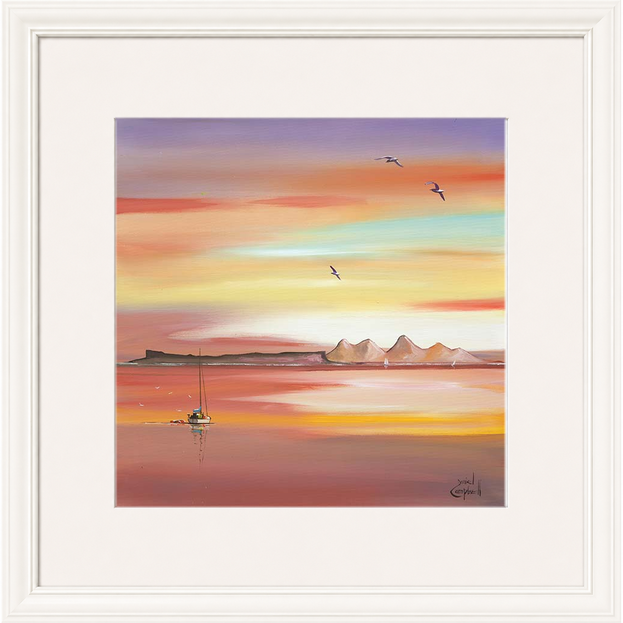 Evening Glow Arisaig by Daniel Campbell framed wall art print showing an Arisaig coastal scene glowing beneath an atmospheric evening sky
