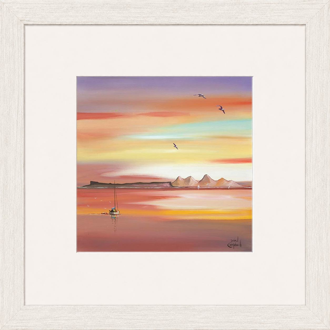 Evening Glow Arisaig by Daniel Campbell framed wall art print showing an Arisaig coastal scene glowing beneath an atmospheric evening sky
