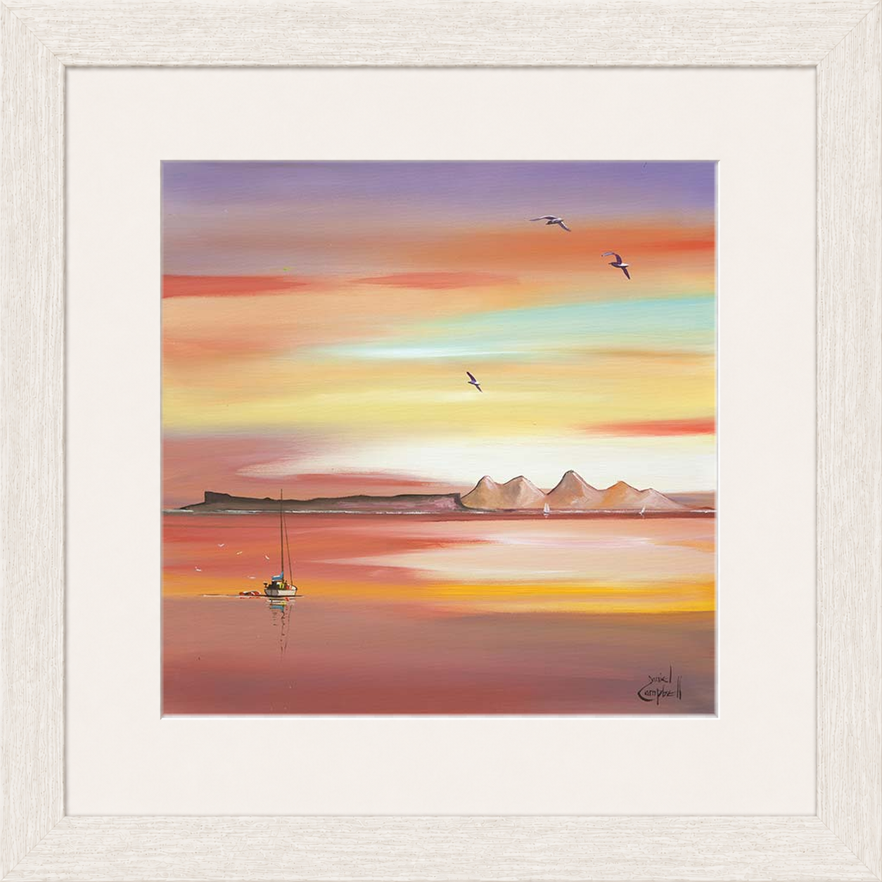 Evening Glow Arisaig by Daniel Campbell framed wall art print showing an Arisaig coastal scene glowing beneath an atmospheric evening sky