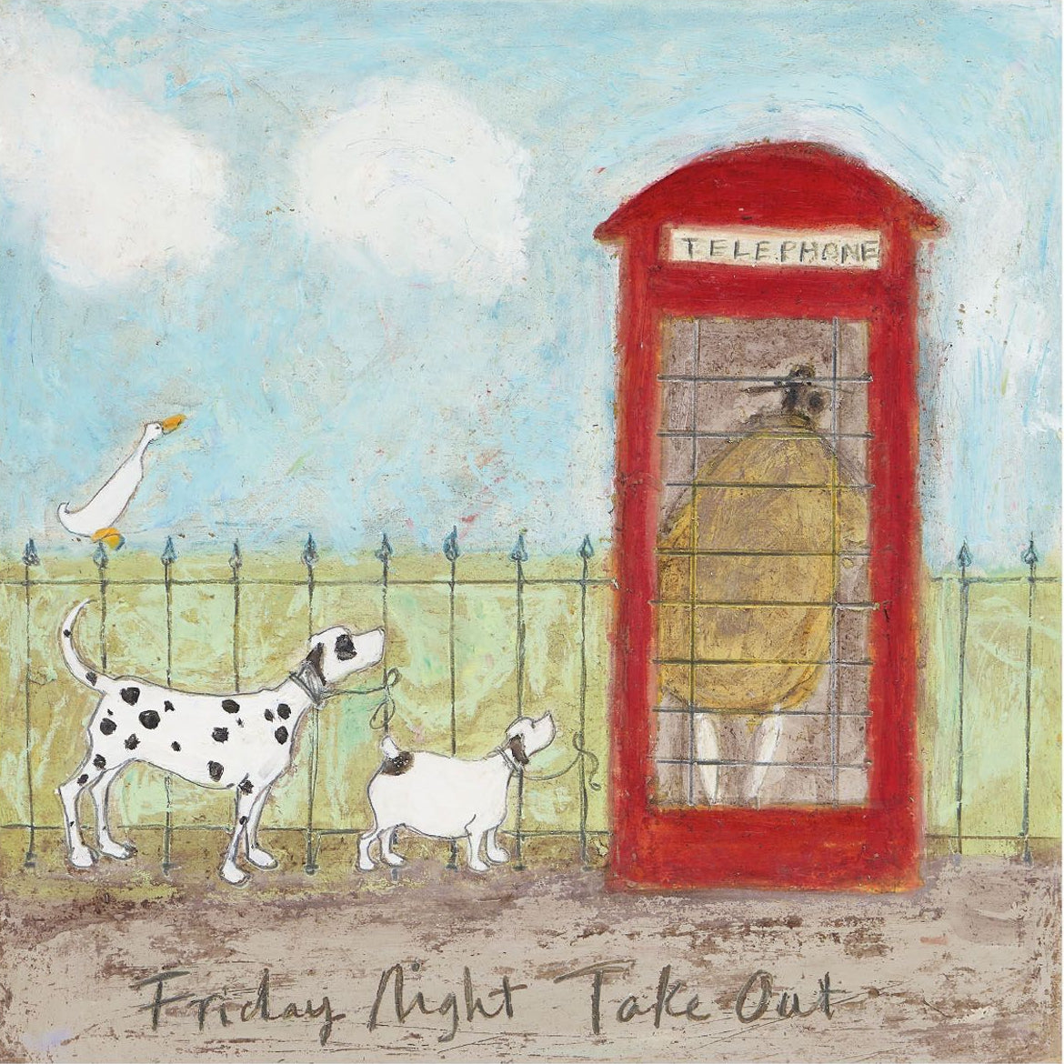 Illustration of two dogs and a duck near a red telephone box with 'Friday Night Take Out' text.
