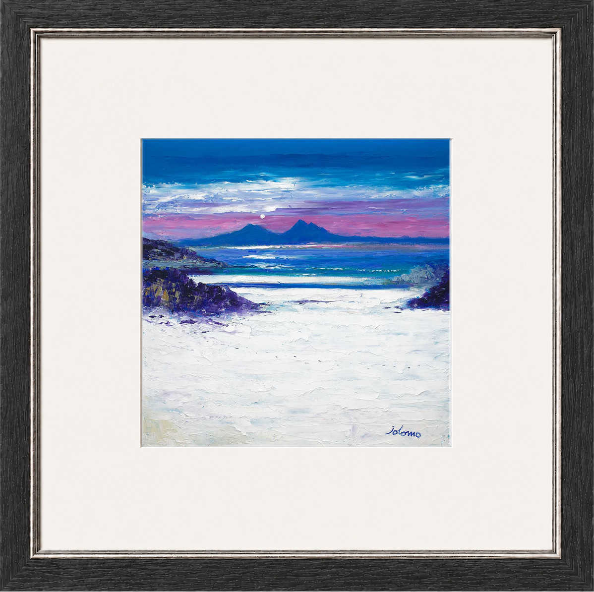 Footprints in the Sand, Portuairk Looking to Rum by Jolomo - Scottish coastal landscape artwork framed wall art print