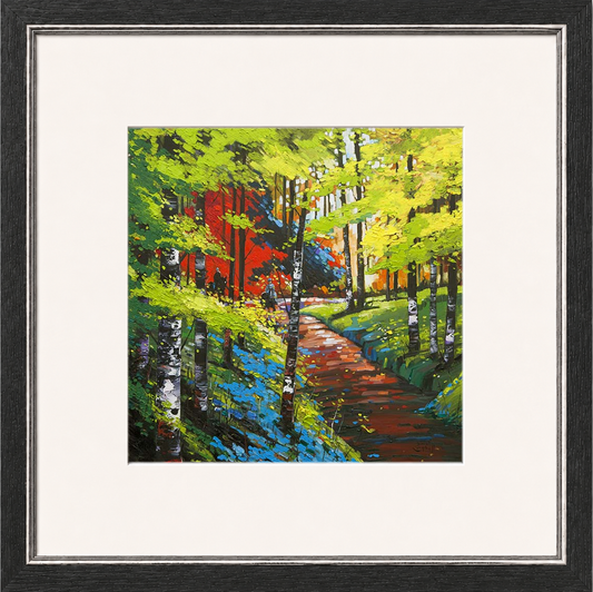 Forrest Hack by Daniel Campbell framed wall art print showing a richly textured woodland landscape in soft green and earthy tones
