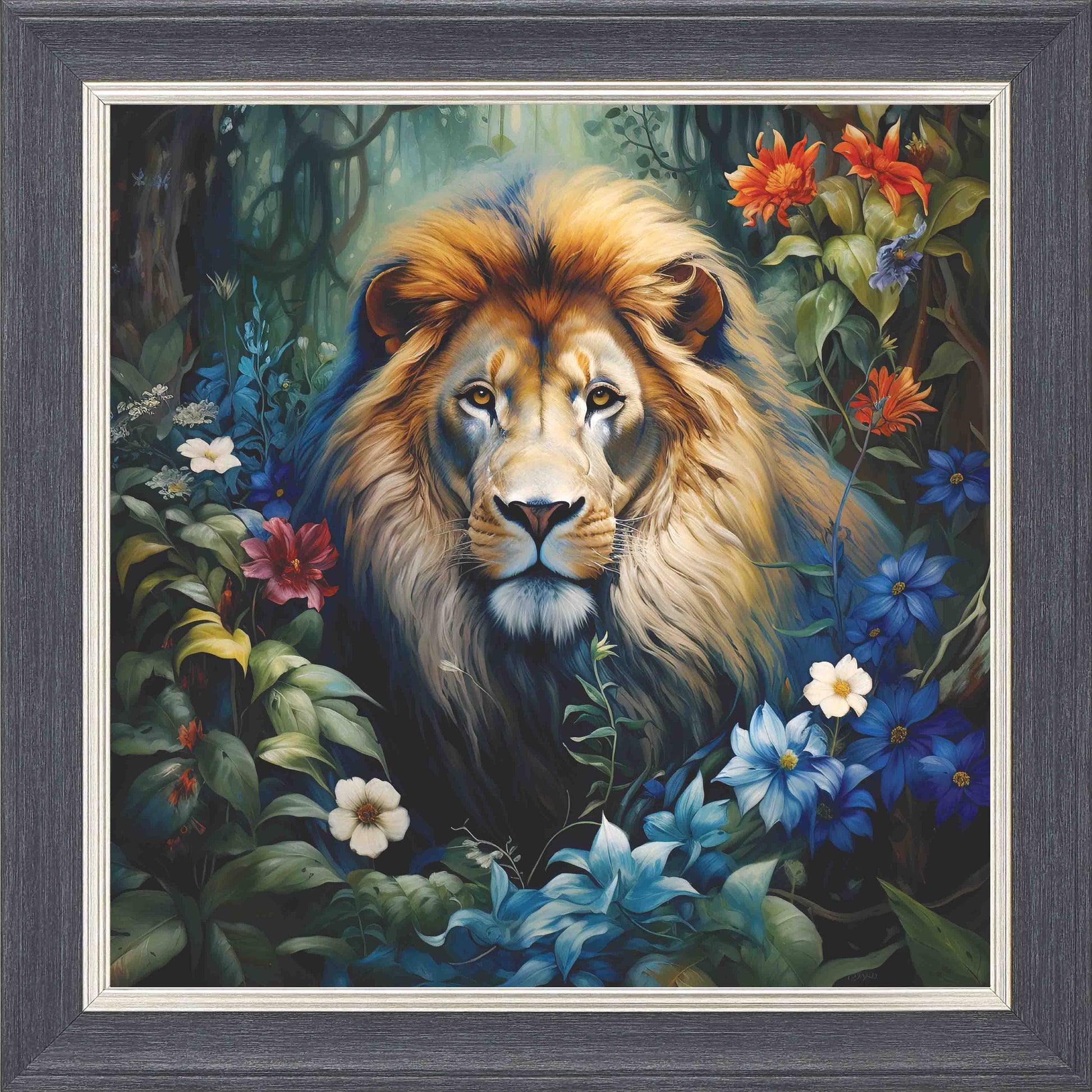 Forest Lion Framed Wall Art - Grey with Silver Trim