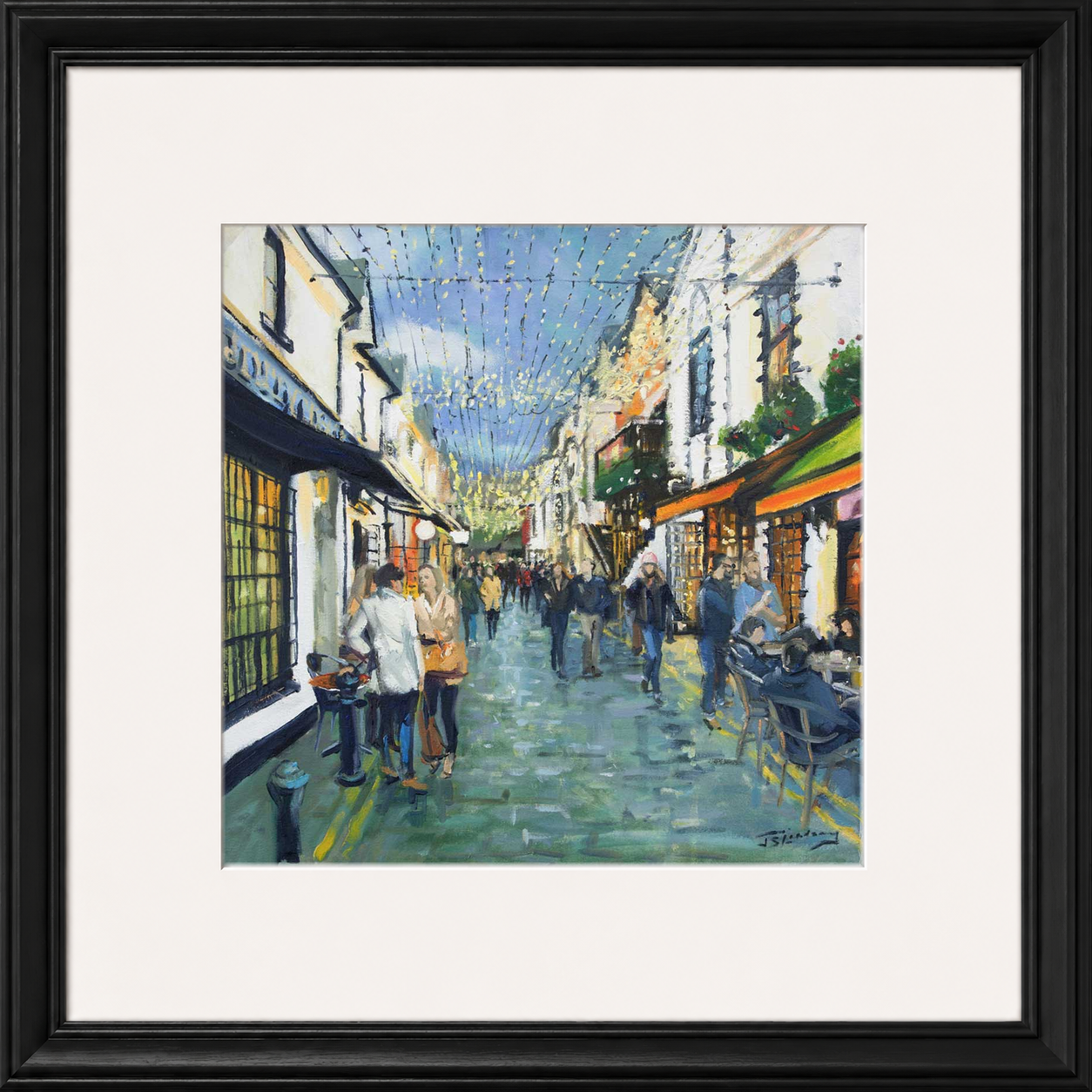 Friday Night Out, Ashton Lane Glasgow by James Somerville Lindsay framed wall art print depicting an evening city scene in Ashton Lane in Glasgow
