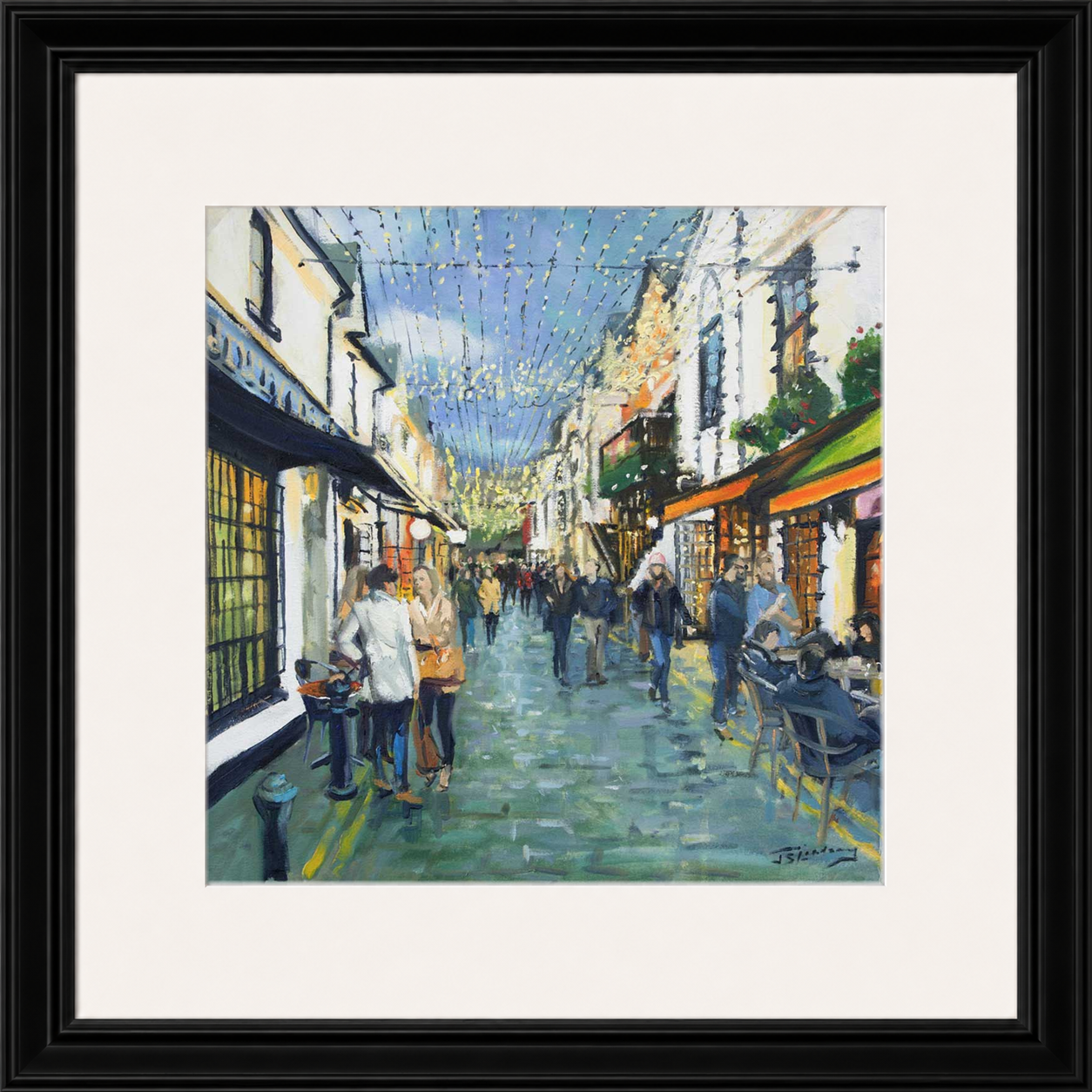 Friday Night Out, Ashton Lane Glasgow by James Somerville Lindsay framed wall art print depicting an evening city scene in Ashton Lane in Glasgow