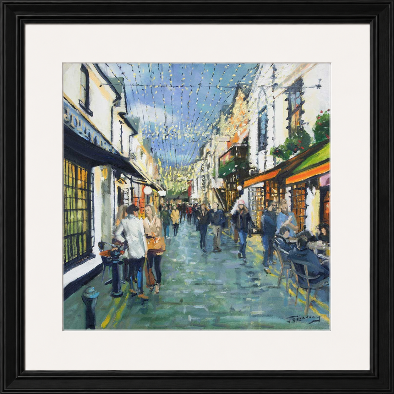 Friday Night Out, Ashton Lane Glasgow by James Somerville Lindsay framed wall art print depicting an evening city scene in Ashton Lane in Glasgow