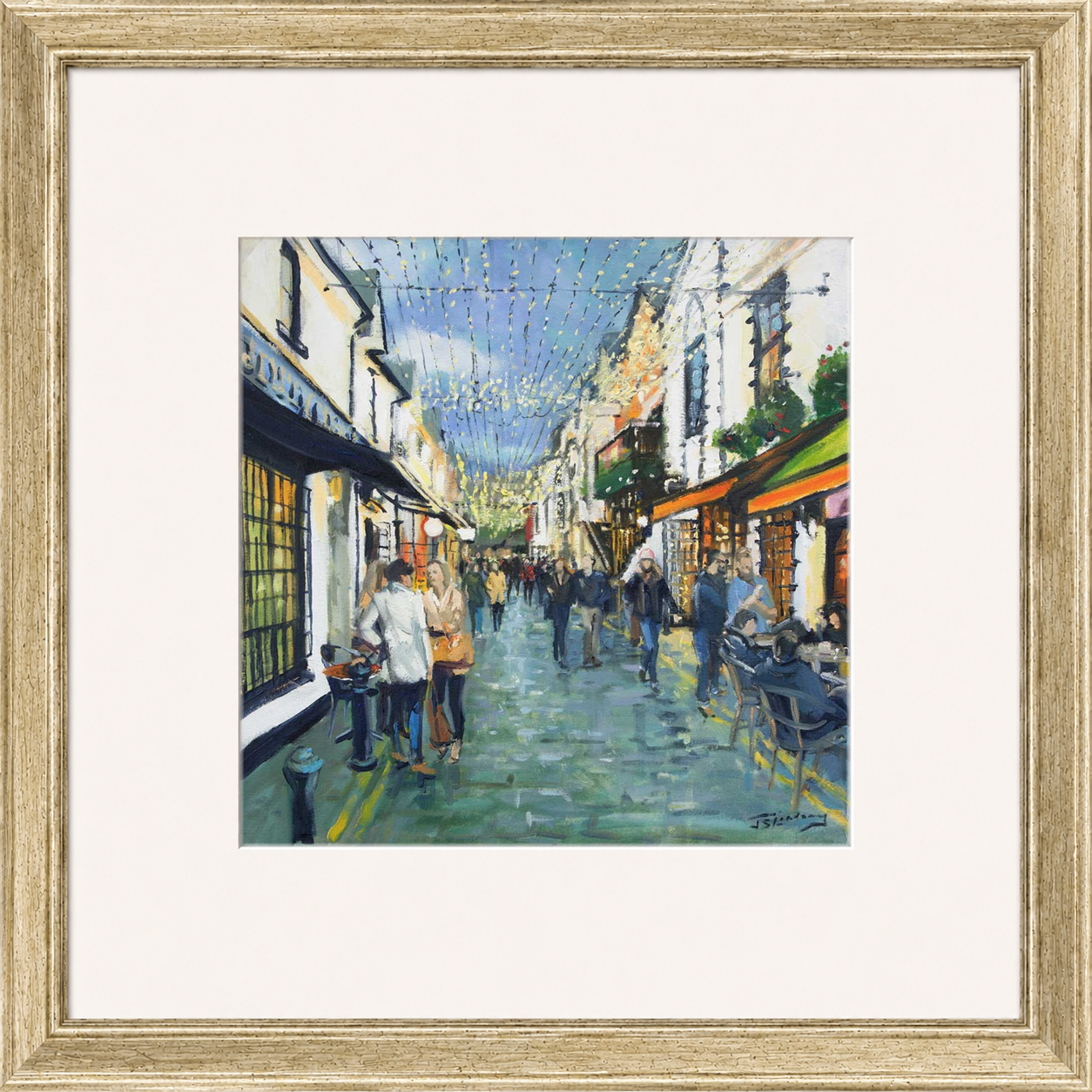 Friday Night Out, Ashton Lane Glasgow by James Somerville Lindsay framed wall art print depicting an evening city scene in Ashton Lane in Glasgow