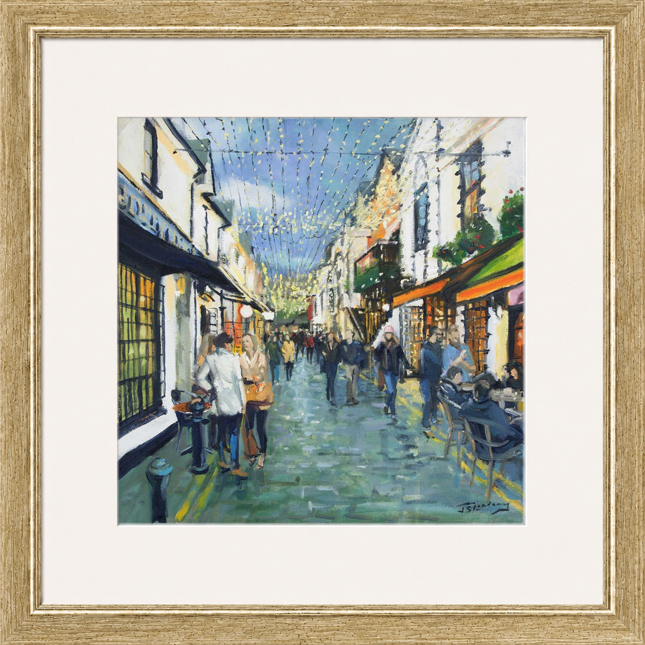 Friday Night Out, Ashton Lane Glasgow by James Somerville Lindsay framed wall art print depicting an evening city scene in Ashton Lane in Glasgow