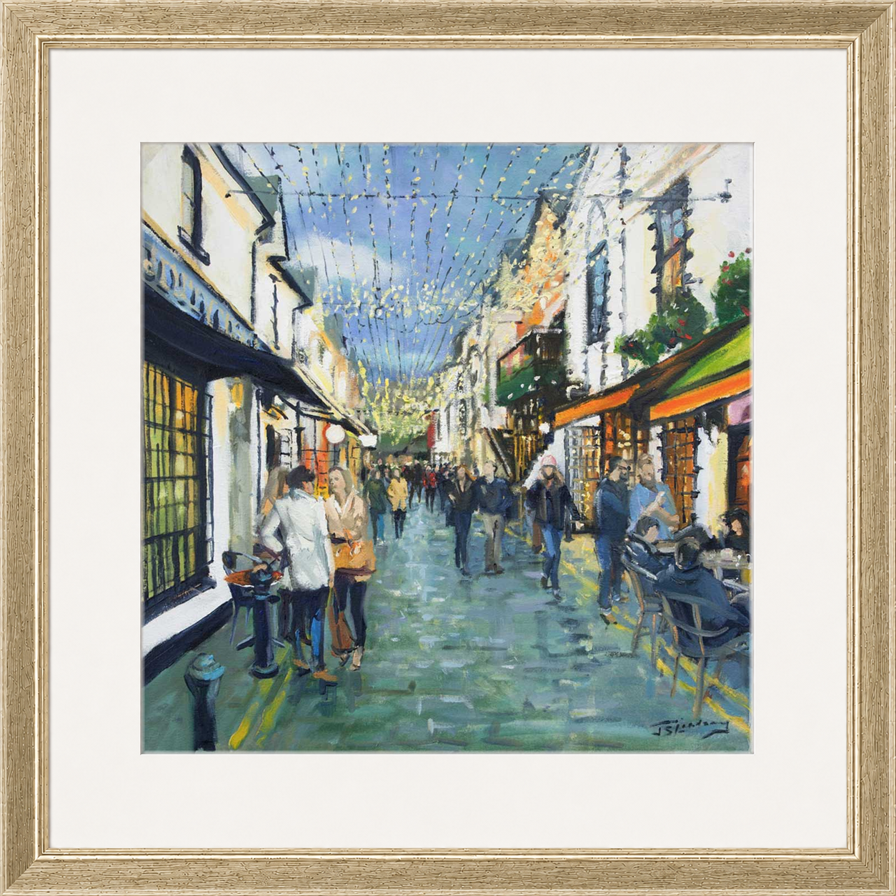 Friday Night Out, Ashton Lane Glasgow by James Somerville Lindsay framed wall art print depicting an evening city scene in Ashton Lane in Glasgow