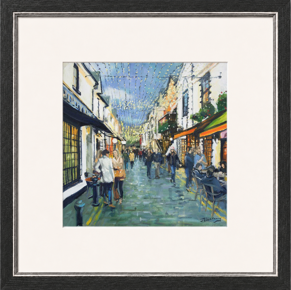 Friday Night Out, Ashton Lane Glasgow by James Somerville Lindsay framed wall art print depicting an evening city scene in Ashton Lane in Glasgow