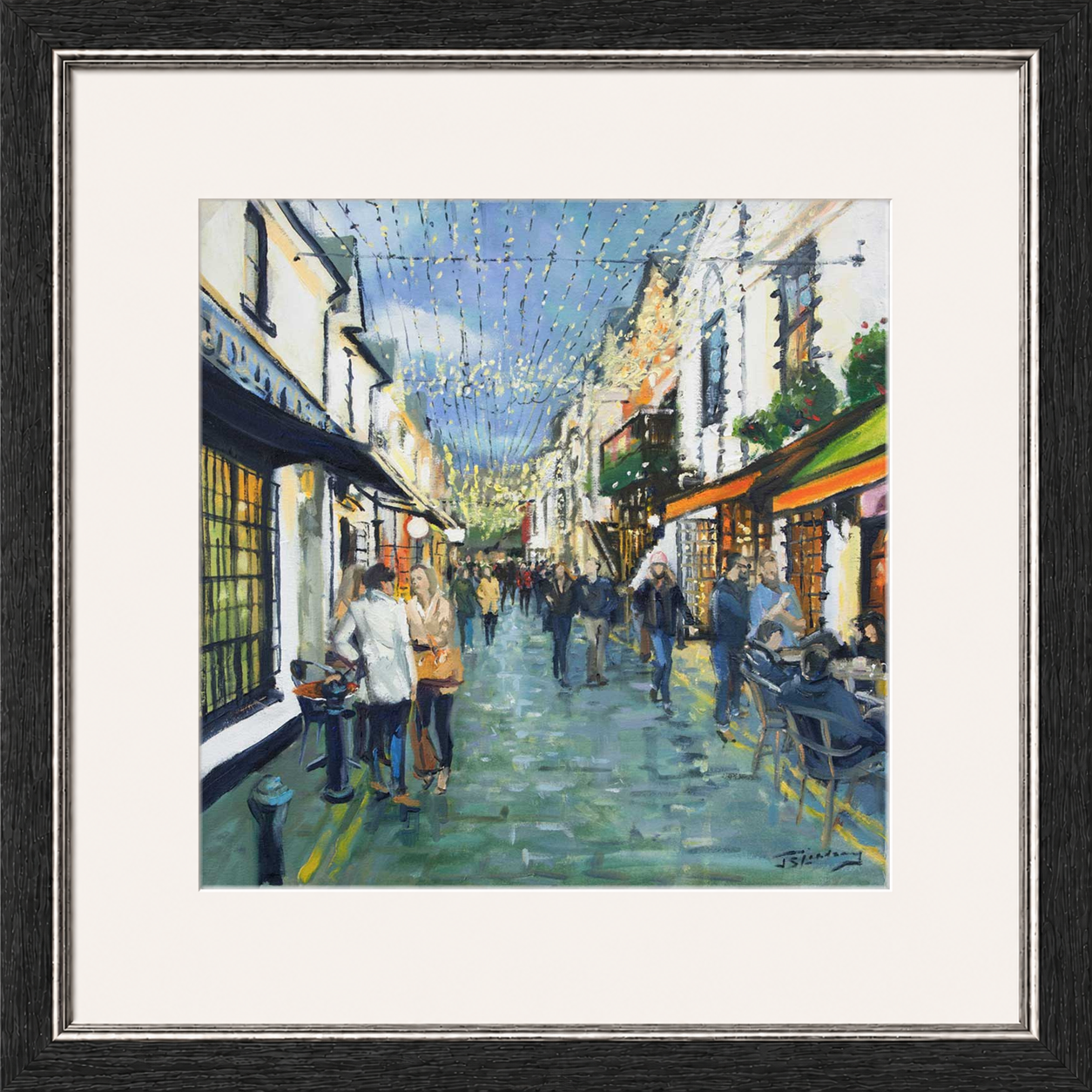 Friday Night Out, Ashton Lane Glasgow by James Somerville Lindsay framed wall art print depicting an evening city scene in Ashton Lane in Glasgow