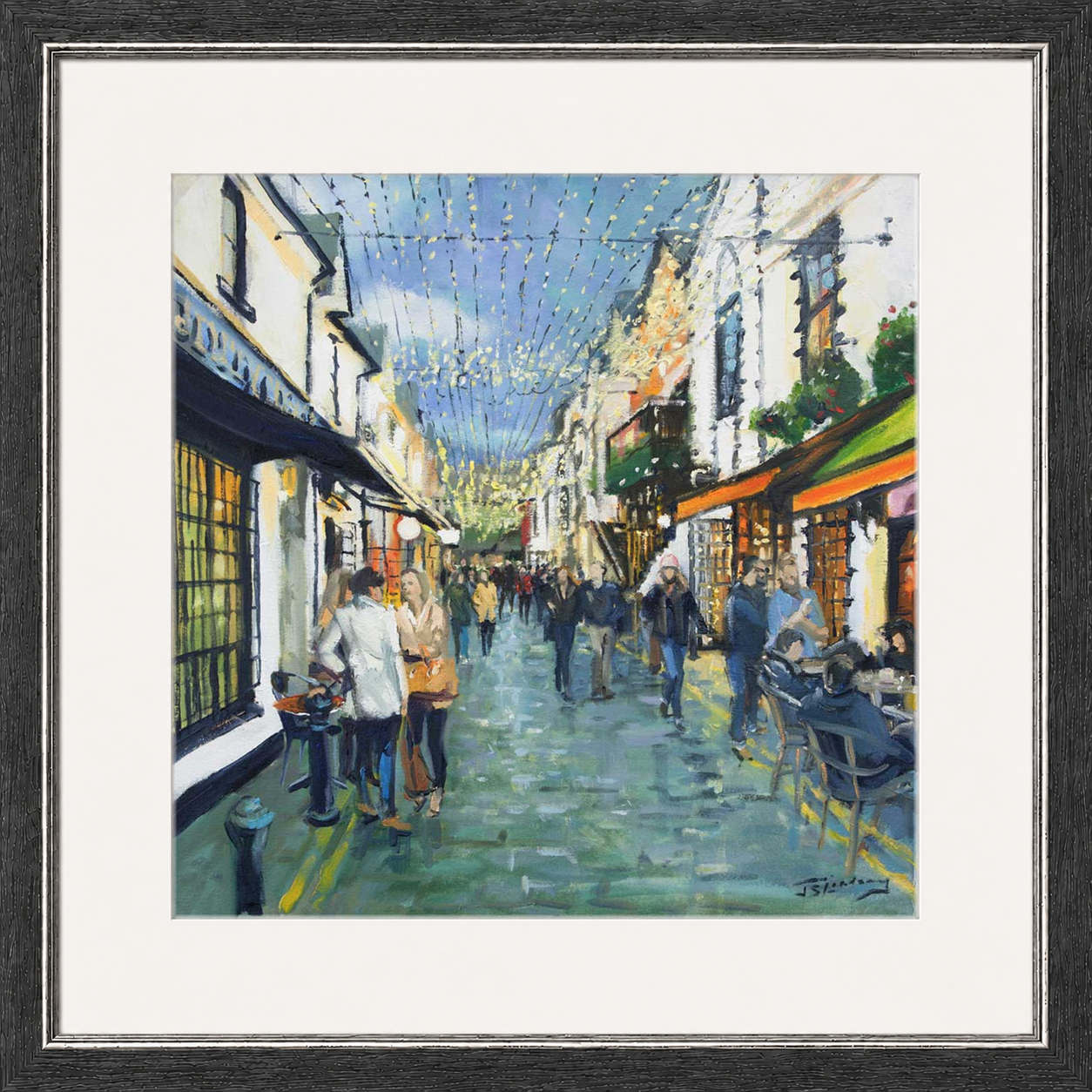 Friday Night Out, Ashton Lane Glasgow by James Somerville Lindsay framed wall art print depicting an evening city scene in Ashton Lane in Glasgow