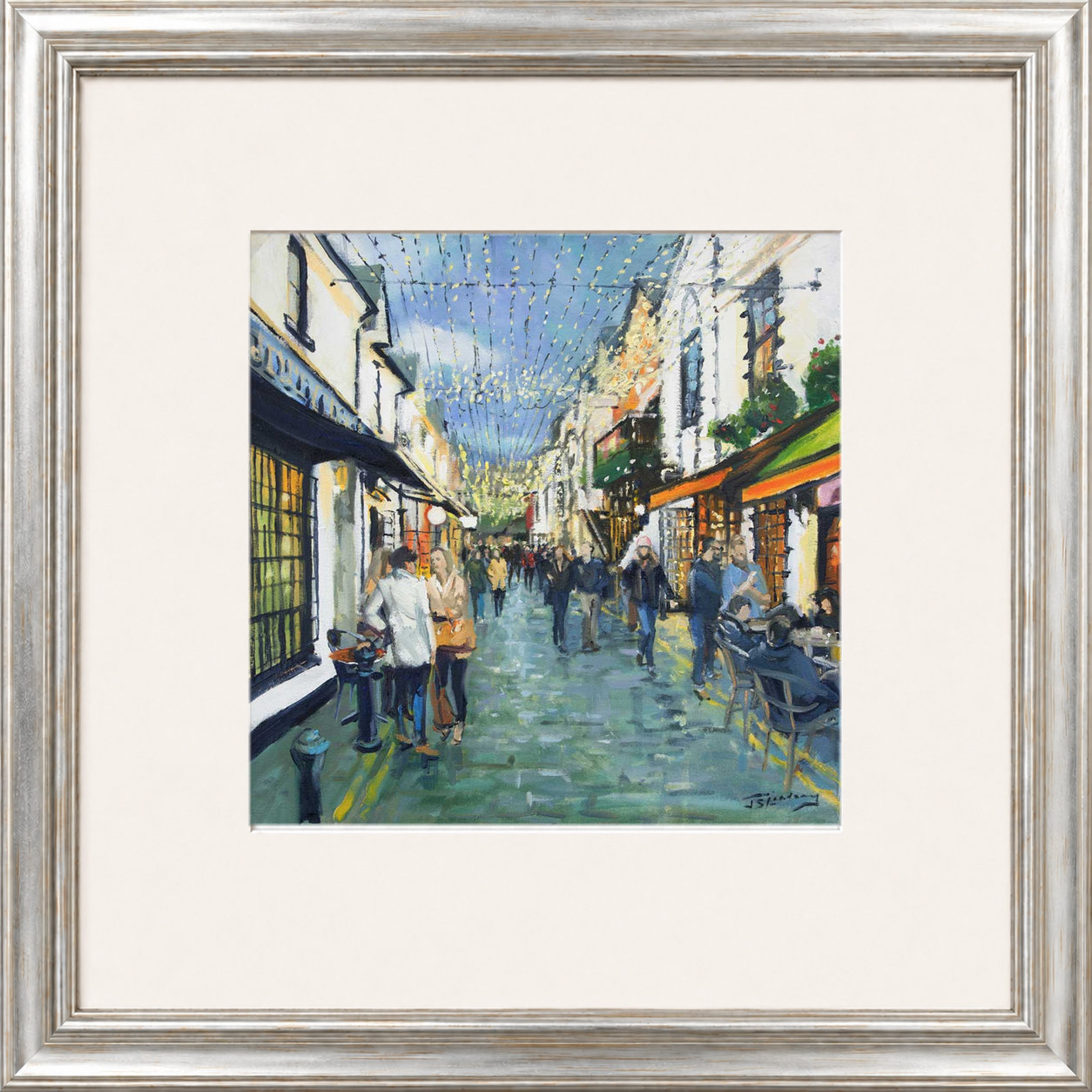 Friday Night Out, Ashton Lane Glasgow by James Somerville Lindsay framed wall art print depicting an evening city scene in Ashton Lane in Glasgow