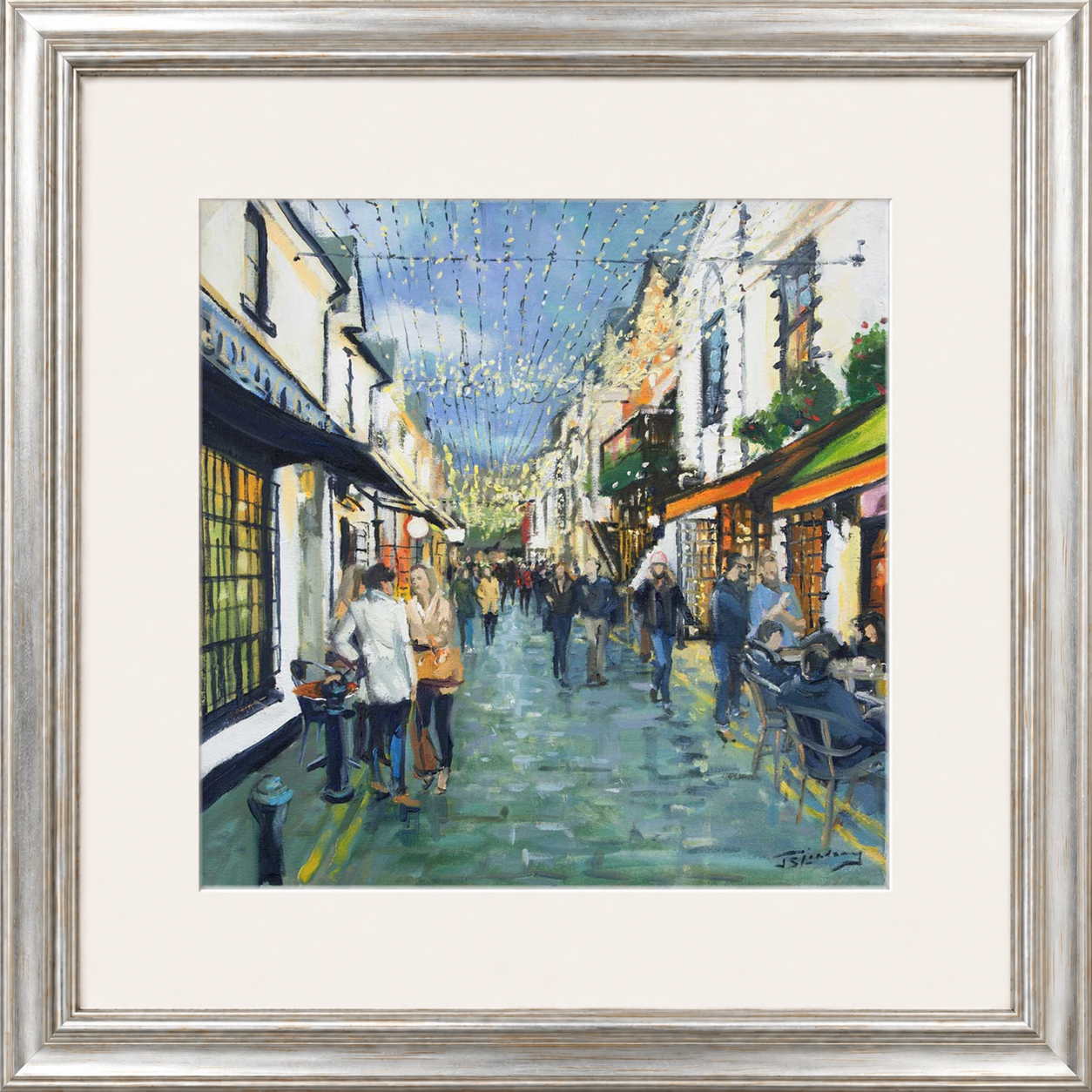 Friday Night Out, Ashton Lane Glasgow by James Somerville Lindsay framed wall art print depicting an evening city scene in Ashton Lane in Glasgow