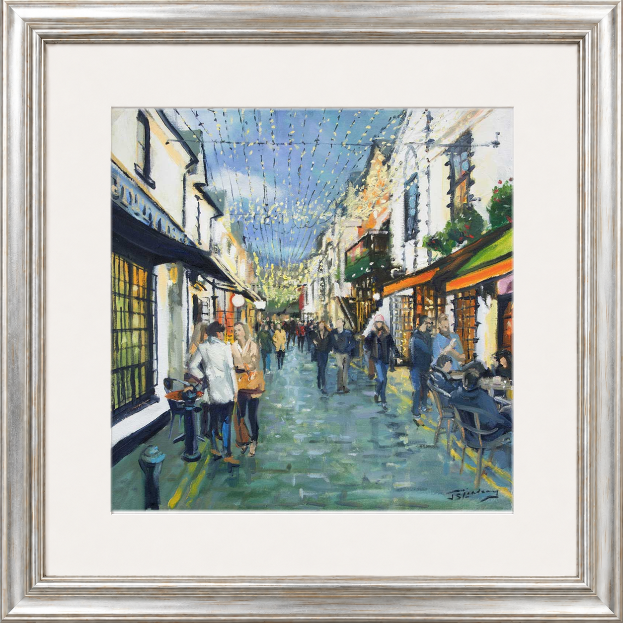 Friday Night Out, Ashton Lane Glasgow by James Somerville Lindsay framed wall art print depicting an evening city scene in Ashton Lane in Glasgow