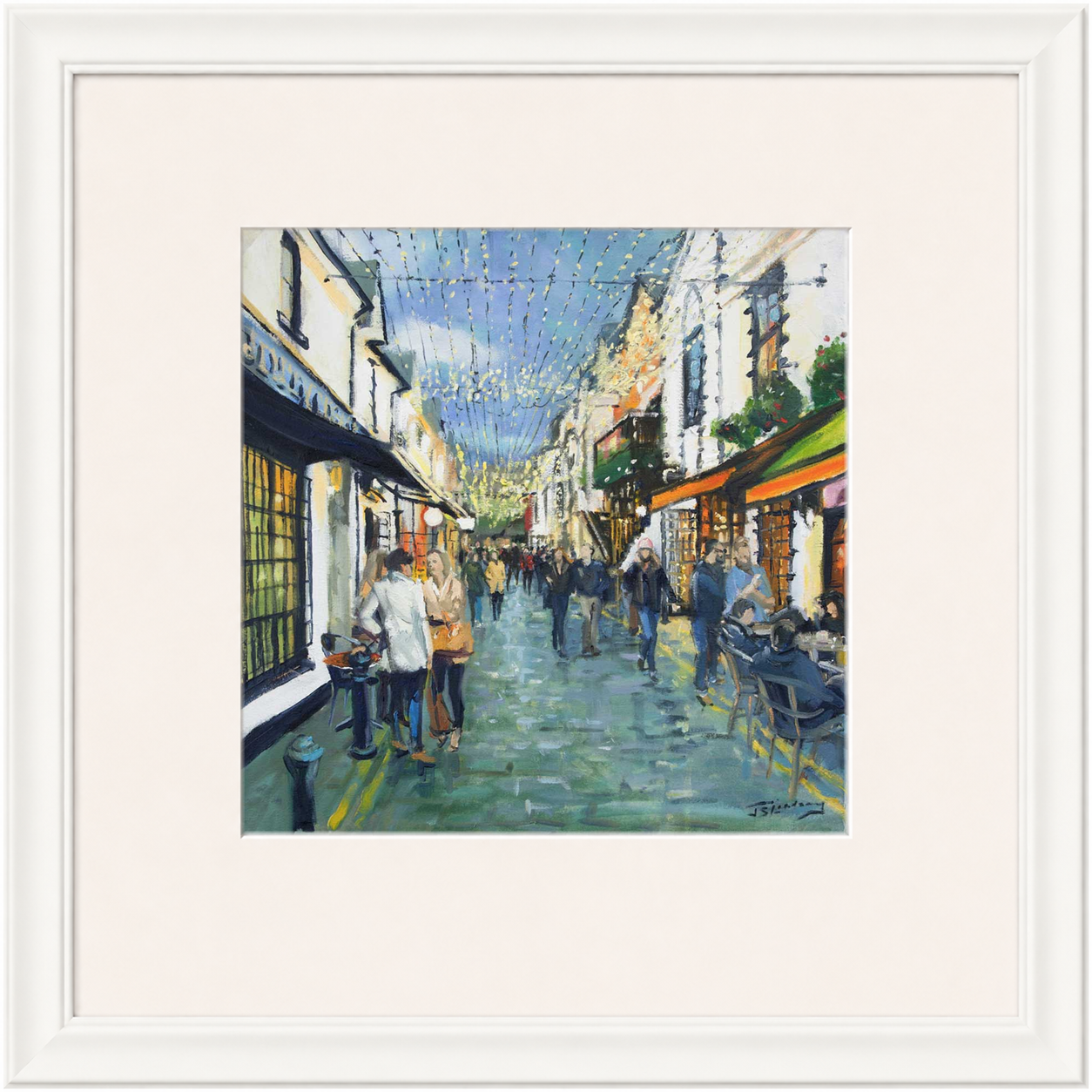 Friday Night Out, Ashton Lane Glasgow by James Somerville Lindsay framed wall art print depicting an evening city scene in Ashton Lane in Glasgow