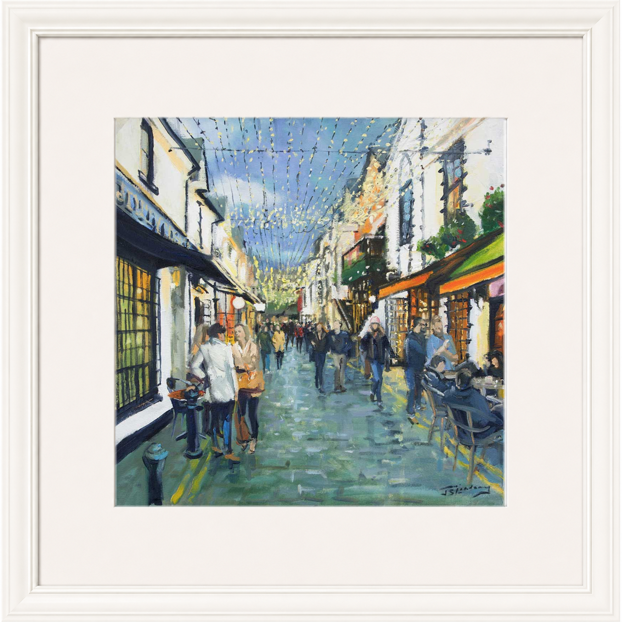 Friday Night Out, Ashton Lane Glasgow by James Somerville Lindsay framed wall art print depicting an evening city scene in Ashton Lane in Glasgow