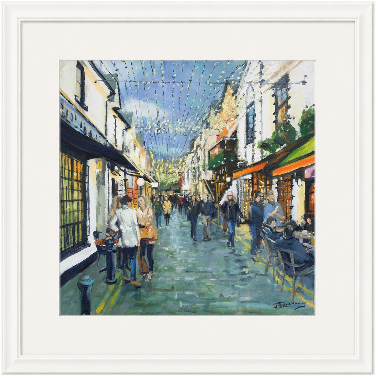 Friday Night Out, Ashton Lane Glasgow by James Somerville Lindsay framed wall art print depicting an evening city scene in Ashton Lane in Glasgow