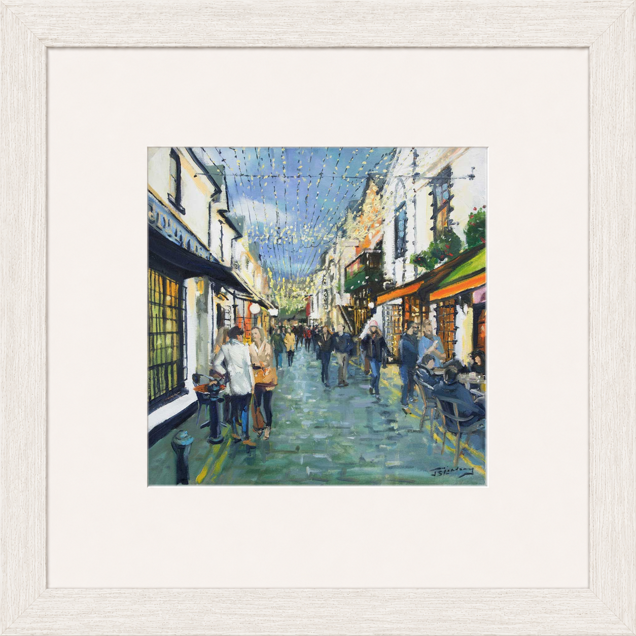 Friday Night Out, Ashton Lane Glasgow by James Somerville Lindsay framed wall art print depicting an evening city scene in Ashton Lane in Glasgow