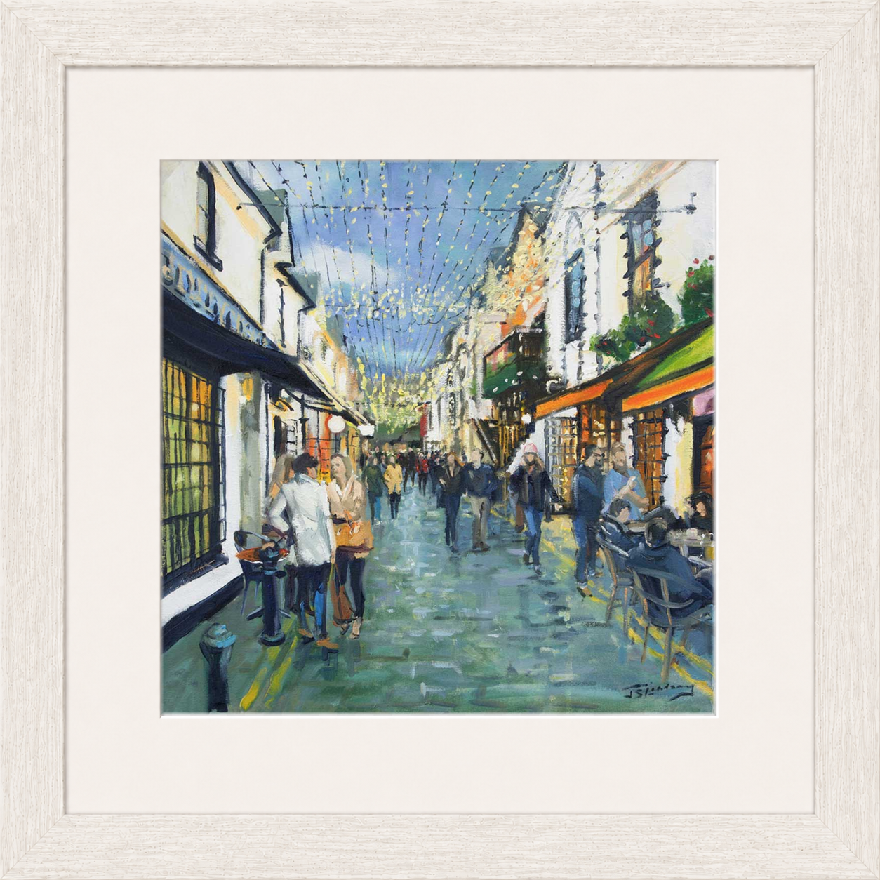 Friday Night Out, Ashton Lane Glasgow by James Somerville Lindsay framed wall art print depicting an evening city scene in Ashton Lane in Glasgow